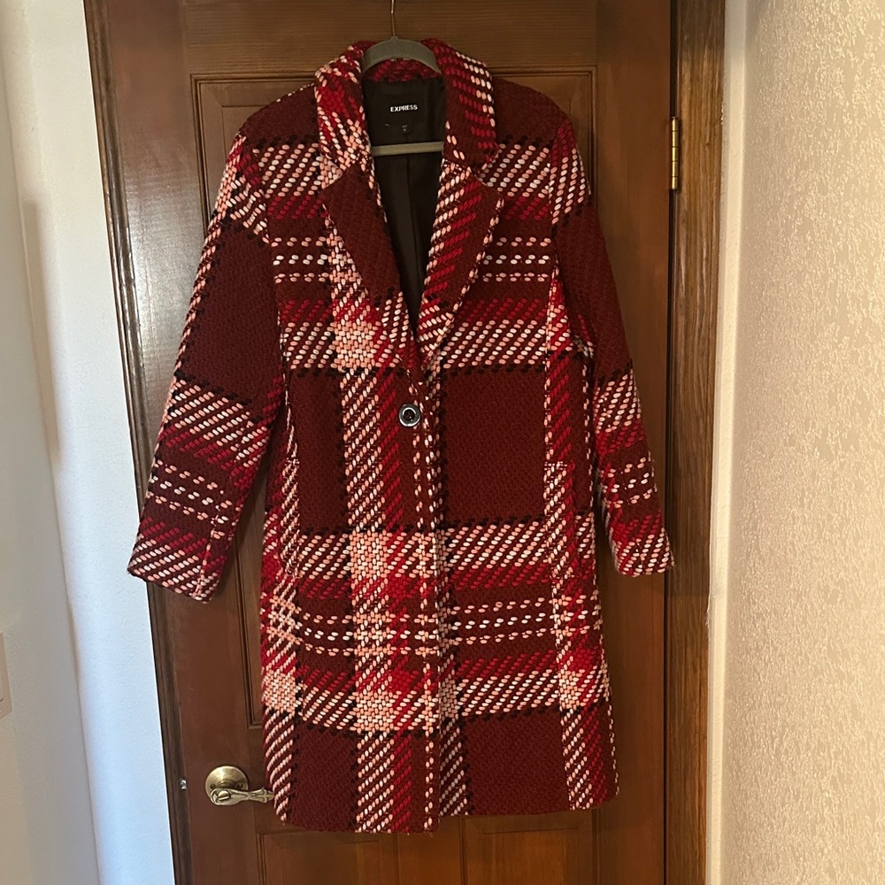 Express Burgundy and Cream Plaid Teddy Jacket